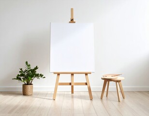 A minimalist and modern art studio setup features a wooden easel with a blank canvas, a small stool with a paint palette, and a potted plant, creating a serene space.