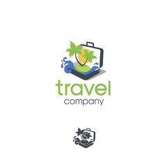 Travel company suitcase island palm trees ocean journey vector logo