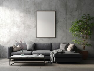 Modern Living Room Features Gray Sectional  isolated on a transparent background