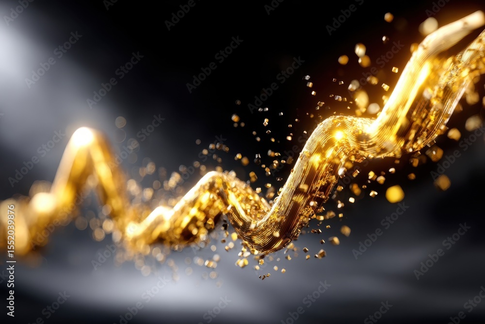 Poster dynamic golden wave with sparkling particles against dark background