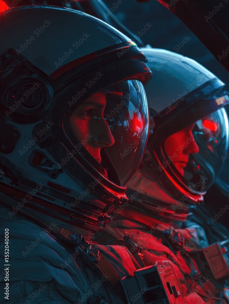 Poster two astronauts in spacesuits illuminated by red and blue lighting. their reflective helmets reveal a