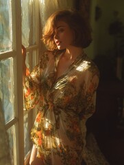 Young woman with short hair wearing a floral robe stands by a sunlit window, casting soft shadows, creating a serene and intimate atmosphere in a cozy indoor setting