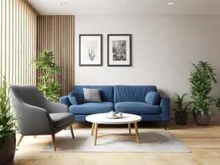 Modern Living Room Is Shown With Blue Sofa  isolated on a transparent background
