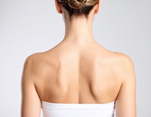 Realistic back view of a female torso showcasing visible shoulder blades and smooth skin, bathed in soft natural light against an isolated background.