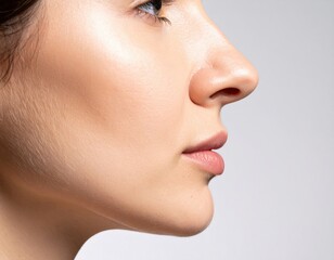 Obraz premium Close-up profile of woman's face showing perfect clear skin, natural lips and nose in clean beauty concept