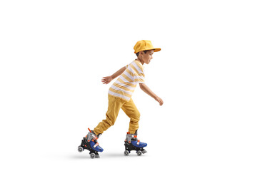 Full length profile shot of a boy riding roller skates