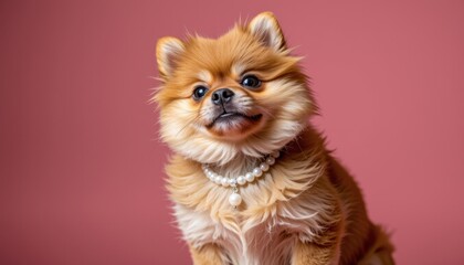 Adorable small fluffy dog with expressive face and pearl necklace posing against a pink background showcasing cuteness and playful personality in a studio shot