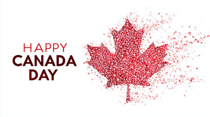 happy canada day design with words and shape of red maple leaf over bright background