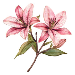 Fototapeta premium Pink lily flower with green leaves and stem in watercolor botanical illustration style
