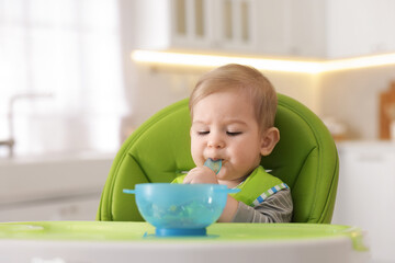 Cute little baby eating healthy food in high chair indoors