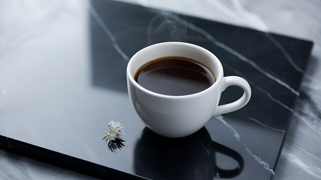 Black coffee cup on marble tray for morning caffeine boost and elegant coffee break photography aesthetic