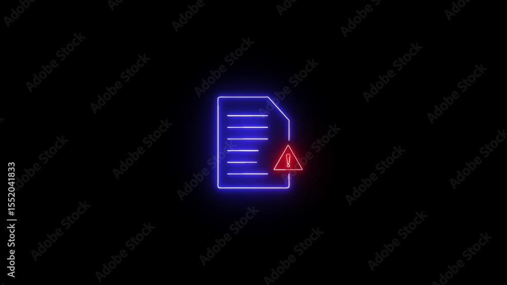 Poster neon glowing file warning symbol alerting of potential data breach on dark background