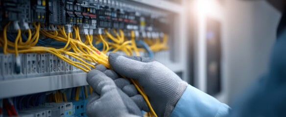 The technician organizing cables in a server room for optimal connectivity.