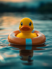 Adorable Rubber Duck in Life Ring - Floating on Water