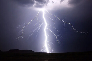 Lightning strikes during a stormy night over dark landscape