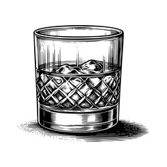Glass of whiskey sketch engraving black and white outline. Scratch board imitation.