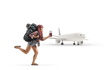 Asian female tourist with a backpack running in front of a plane