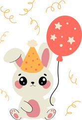 Cute baby bunny in party birthday hat with balloon illustration. Perfect for party designs, birthday events, carnivals, and holiday