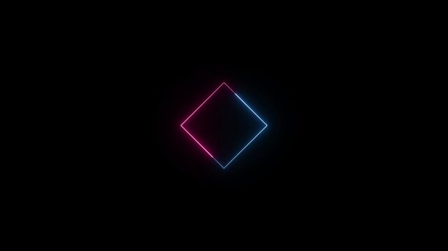 Animated neon diamond shape glowing in the center of black space with blue and pink colors abstract backdrop