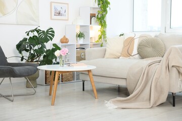 Comfortable sofa with coffee table and armchair in room. Interior design