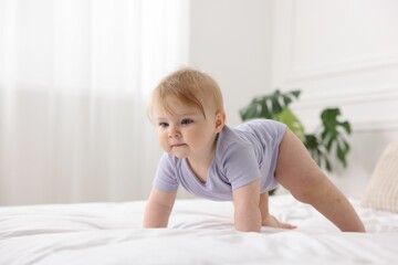 Cute little baby on bed at home, space for text