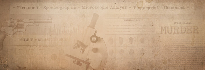 Newspaper clippings of crime news, police fingerprint are placed on a vintage background. Retro background on the theme of crime, police, detective, investigation.