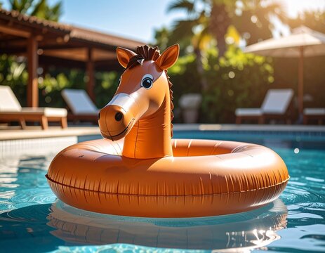 Fun Orange horse Inflatable Pool Float in Bright Sunlight toy horse swimming tube in the pool