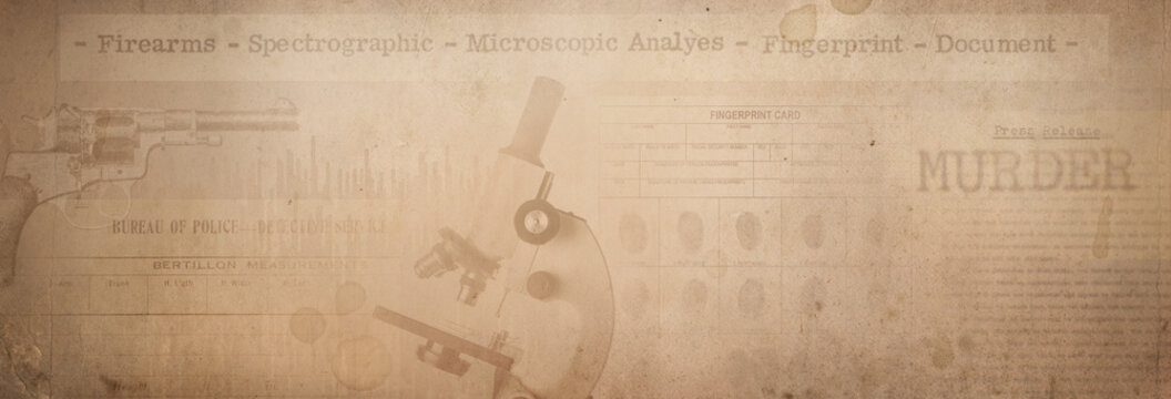 Newspaper clippings of crime news, police fingerprint are placed on a vintage background. Retro background on the theme of crime, police, detective, investigation.