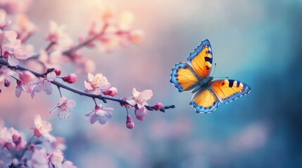 Obraz premium Beautiful blue yellow butterfly in flight and branch of flowering apricot tree in spring at Sunrise on light blue and violet background macro. Elegant artistic image nature. Banner format,