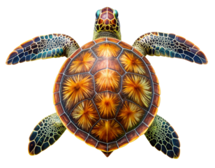 Top View of a Realistic Green Sea Turtle with Textured Shell, isolated on a white background, png