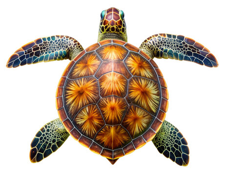 Top View of a Realistic Green Sea Turtle with Textured Shell, isolated on a white background, png