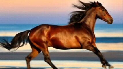 Strong brown horse running along beach with soft sunset sky