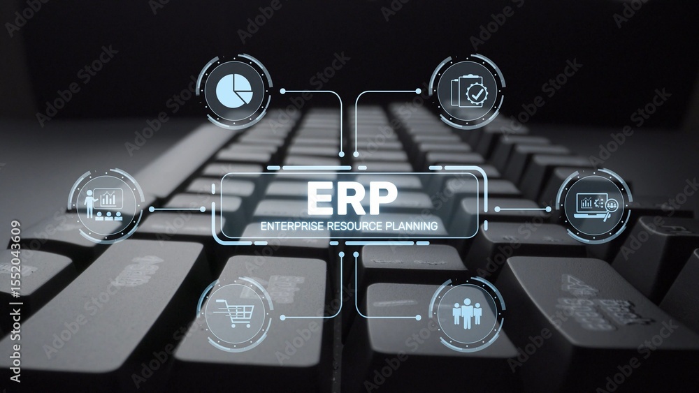 Poster erp platform visual showing centralized system for enterprise resource planning, improving integrati