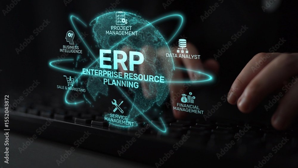 Aufkleber erp platform visual showing centralized system for enterprise resource planning, improving integrati
