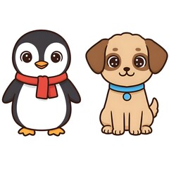 Fototapeta premium Cute Penguin and Puppy Illustration: An adorable penguin wearing a red scarf stands beside a charming puppy with a blue collar, against a simple backdrop.