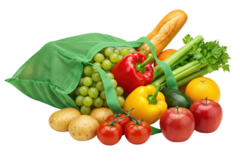 Vibrant green reusable fabric shopping bag overflowing with diverse fresh fruits and vegetables (grapes, bell peppers, tomatoes, potatoes, baguette, apples, celery) spilling onto a transparent