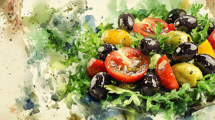 A vibrant Mediterranean salad bursts with fresh greens, colorful tomatoes, and olives, artfully illustrated with dynamic watercolor splashes on a white background.