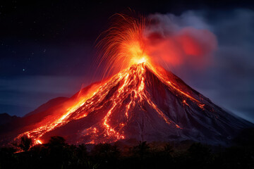 Fototapeta premium Majestic volcano erupts with fiery lava flow under a starry night sky