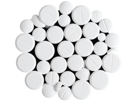  Top View of Pile of White Pills in a Circular Cluster, Clean Pharmaceutical Layout, isolated on a transparent background png - Powered by Adobe