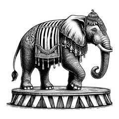 Elephant standing on circus stage engraving black and white outline. Scratch board imitation. illustrated in vintage line art style on a white background.