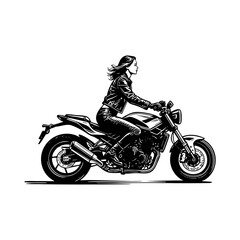 Fototapeta premium Woman riding motorbike sketch engraving black and white outline. Scratch board imitation. illustrated in vintage line art style on a white background.