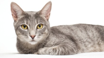 Fototapeta premium The adorable gray cat relaxing gracefully on a bright background.