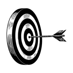 Arrow on target sketch engraving black and white outline. Scratch board imitation.  illustrated in vintage line art style on a white background.