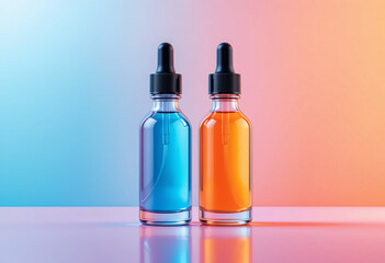 Modern Glass Dropper Bottles with Gradient Liquid – Vibrant 4K Product Photo