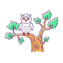 Stylized Owl Perched atop A Cartoon Tree On A Transparent Background