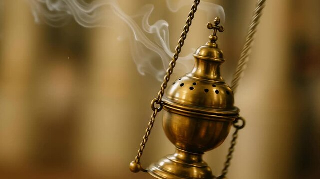 Brass censer emitting aromatic smoke in a cathedral during a religious ceremony with soft golden light and blurred background