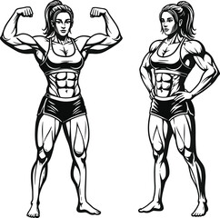 Muscular Women Flexing Fitness Icons, Bodybuilding Illustration, and Strong Athlete Poses