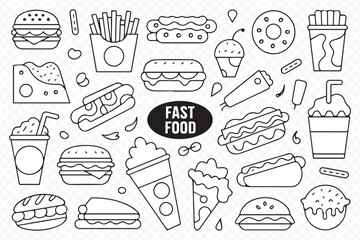 black and white vector illustration of fast food menu items &ndash; burgers, fries, pizza, hot dogs, tacos, ice cream, soda and more
