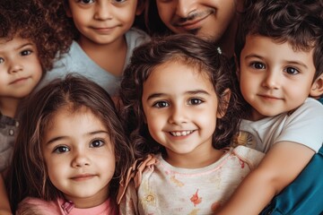 Group of children smiling together with a caregiver in a friendly atmosphere during a playful gathering at a community center