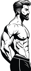 Muscular Man with Beard Fitness Icon, Bodybuilding Illustration, and Strong Athlete Silhouette